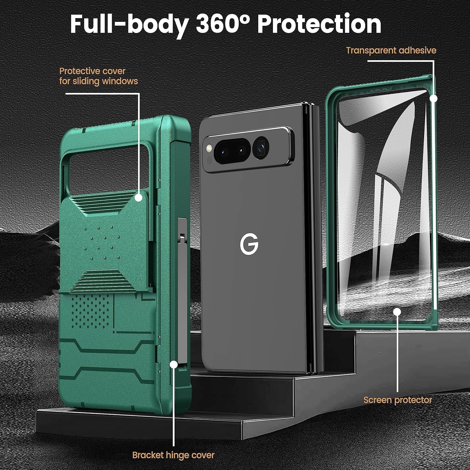 Google Pixel Fold Case with Hinge Protection, Build-In [ Front Screen Protector ] [ Foldable Kickstand & Camera Cover ] Hard PC Full Body Protection for Pixel Fold 5G, Green  X-FOUR   