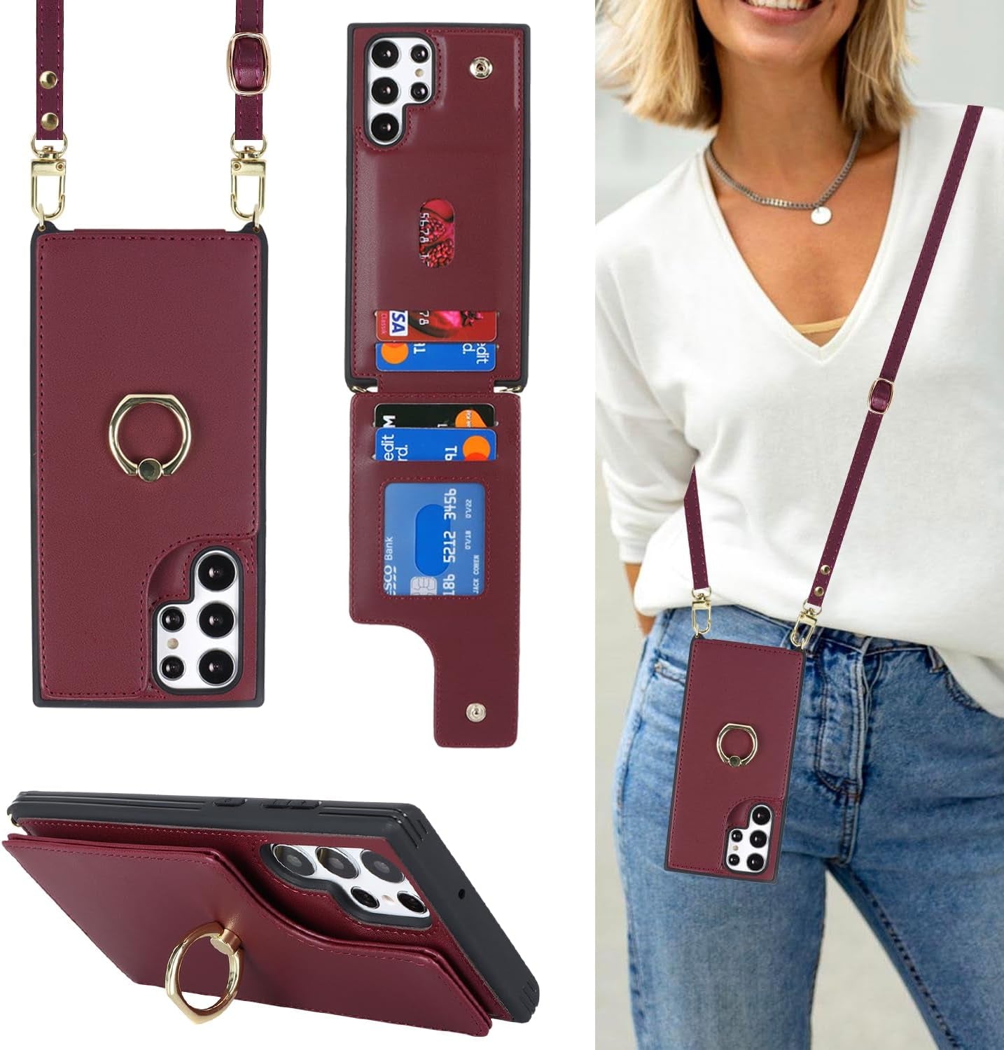 For Samsung Galaxy S22 Ultra Case with Card Holder and Strap for Women,Crossbody Lanyard,Ring Stand,Snap Clasp,Phone Wallet Cases 6.8 Inch(Purple)