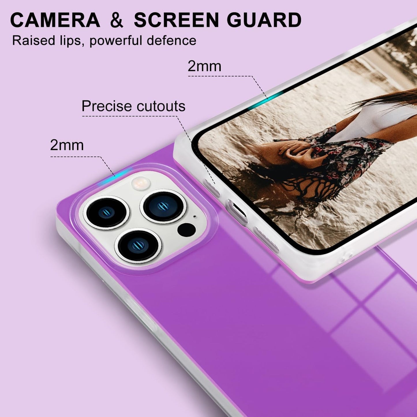 Pevezeda Neon Series Designed for Iphone 15 Pro Max Case 6.7 Inch, Cute Retro Bright Design Shockproof Phone Cases for Women Girls [Square Edge Design] [Reinforced Corners Protection], Lavender  Pevezeda   