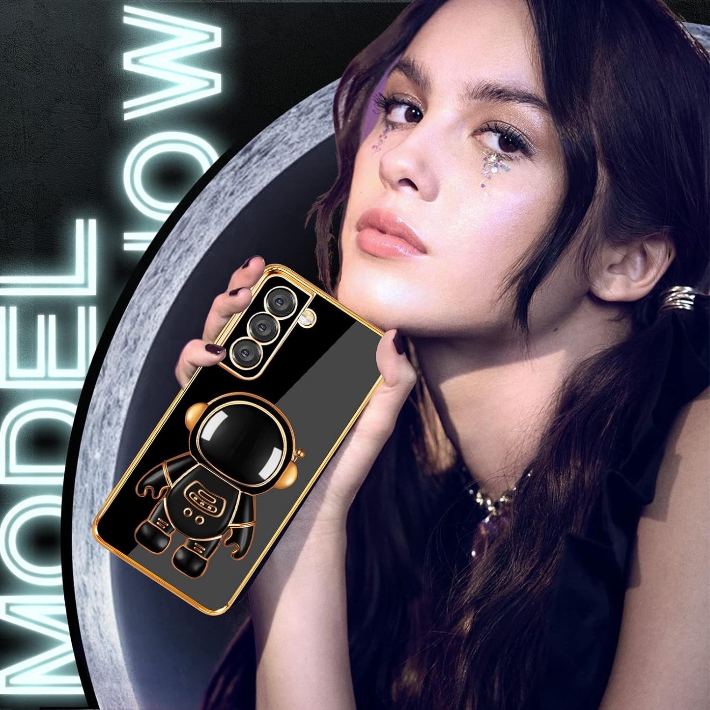 Buleens for Samsung Galaxy S22 plus Case with Astronaut Stand, Women Girls for Galaxy S22 plus Cases, Girly Cute 6D Outer Space Heart Pattern Phone Cover for S22 plus 6.6 Inch Black