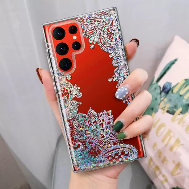 Coolwee Clear Glitter for Galaxy S22 Ultra - 6.8" Thin Flower Slim Cute Crystal Lace Bling Women Girl Floral Plastic Hard Back Soft TPU Bumper Protective Cover for Samsung S22 Ultra Mandala Henna
