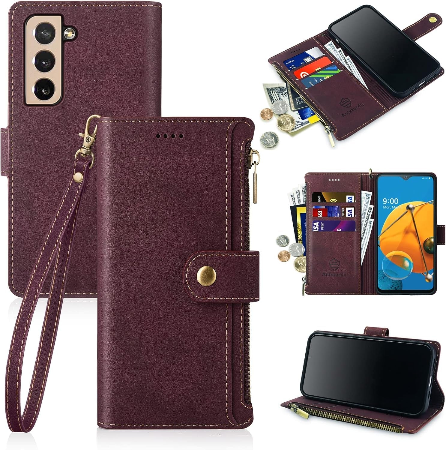 Antsturdy Samsung Galaxy S22+/S22 plus Case Wallet with Card Holder for Women Men,Galaxy S22+/S22 plus Phone Case RFID Blocking PU Leather Flip Cover with Strap Zipper Credit Card Slots,Light Purple