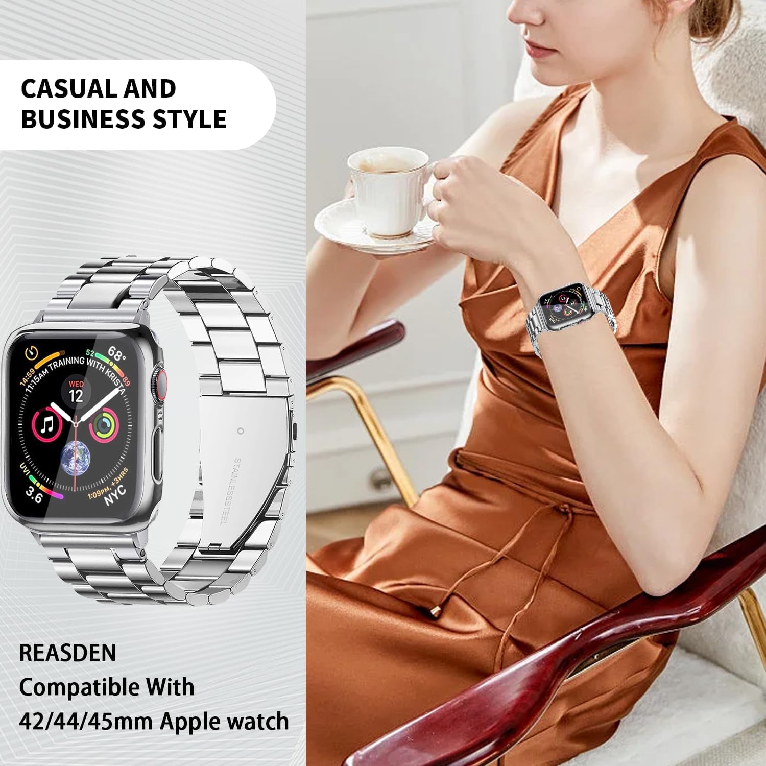 Compatible with Apple Watch Band Case Iwatch Ultra Series 9 8 7 6 5 4 3 2 1 SE 49Mm 45Mm 44Mm 42Mm 41Mm 40Mm 38Mm, Stainless Steel Metal Business Executive Classy Men Women
