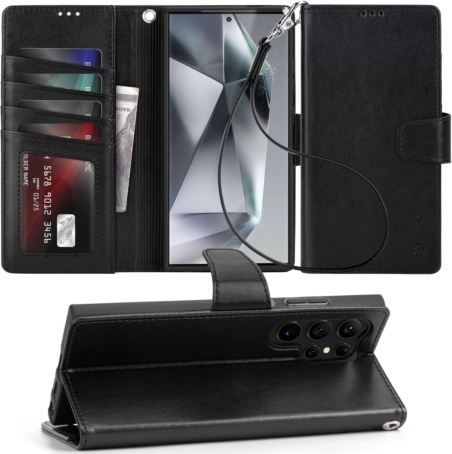 Arae Case for Samsung Galaxy S22 Ultra 5G PU Leather Wallet Case Cover [Stand Feature] with Wrist Strap and [4-Slots] Id&Credit Cards Pocket (S22 Ultra-6.8 Inch, Black)