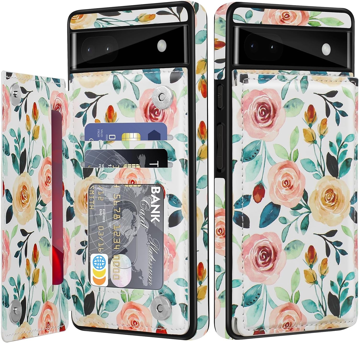 For Google Pixel 6A Case Leather Wallet with Card Holder, Flip Cover Kickstand Card Slots Magnetic Closure Shockproof Heavy Duty Protective Case for Google Pixel 6A 6.1Inch 5G-Rose Gold  Bizzib Floral Rose  