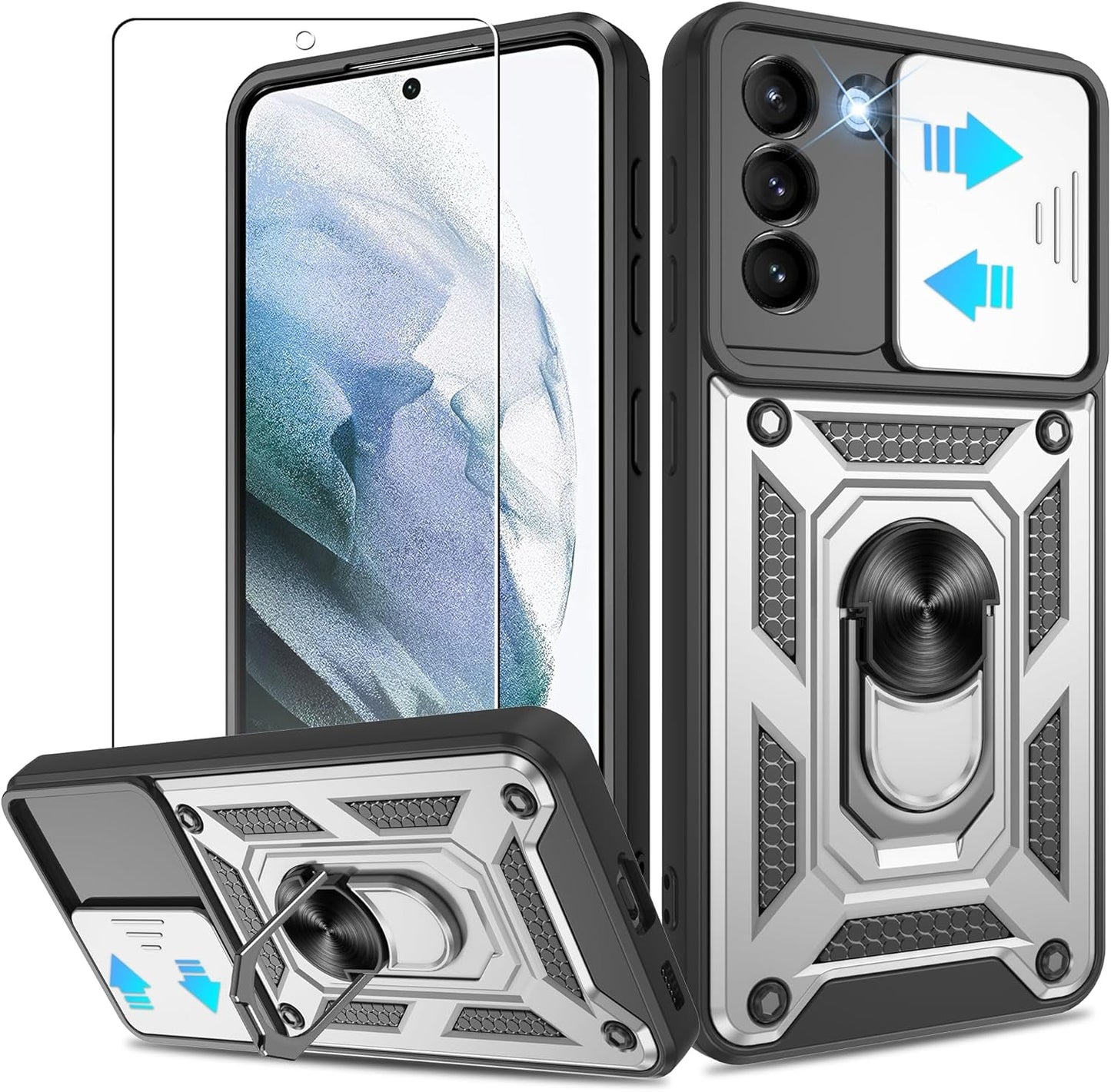 ATUMP for Samsung Galaxy S22 Ultra Case with (2 Pcs) HD Screen Protector, Heavy Duty Shockproof with 360° Rotation Metal Kickstand [Military Grade] Protective Case for S22 Ultra, Blue