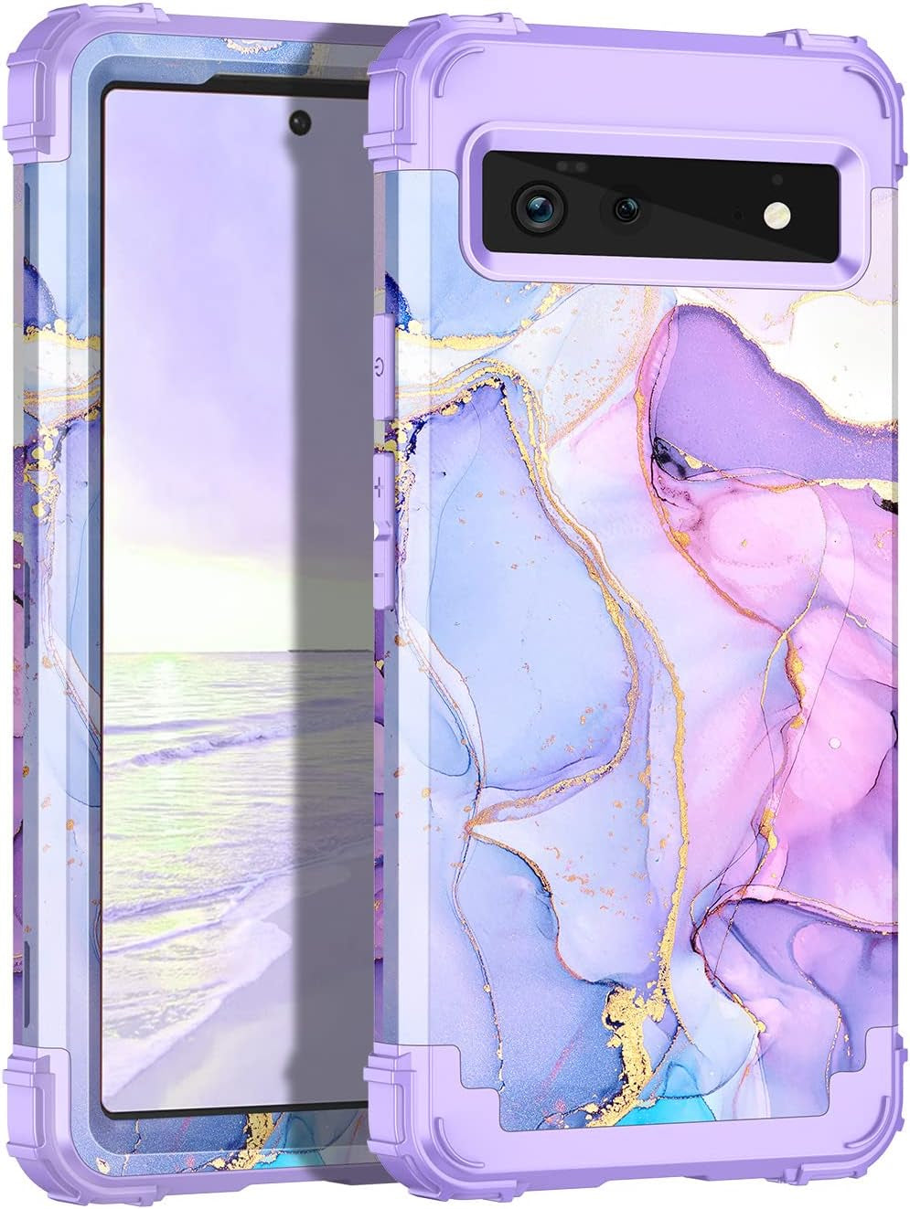 Hekodonk for Google Pixel 6 Case,Heavy Duty Shockproof Protection Hard Plastic+Silicone Rubber Hybrid 3 in 1 Drop Protective Case for Google Pixel 6 Black Flower  Hekodonk A-Purple Marble  