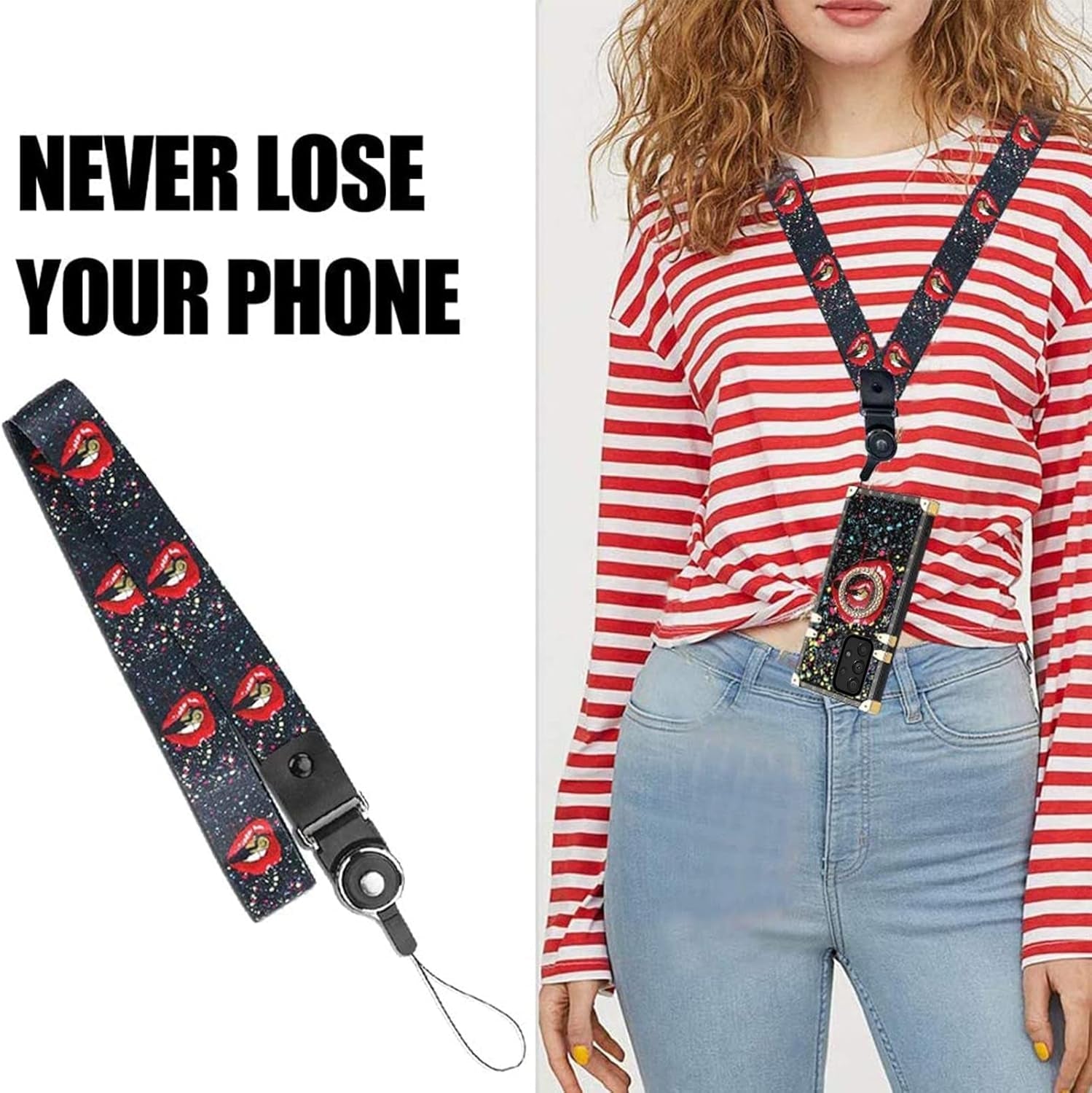 For A53 5G Case, Samsung A53 Case Square Rivet for Girls Women Crystal Shockproof Protection with Kickstand Cute Lanyard Square Retro Elegant Slim Soft Tpu Cover for Galaxy A53 5G(Black Lips)