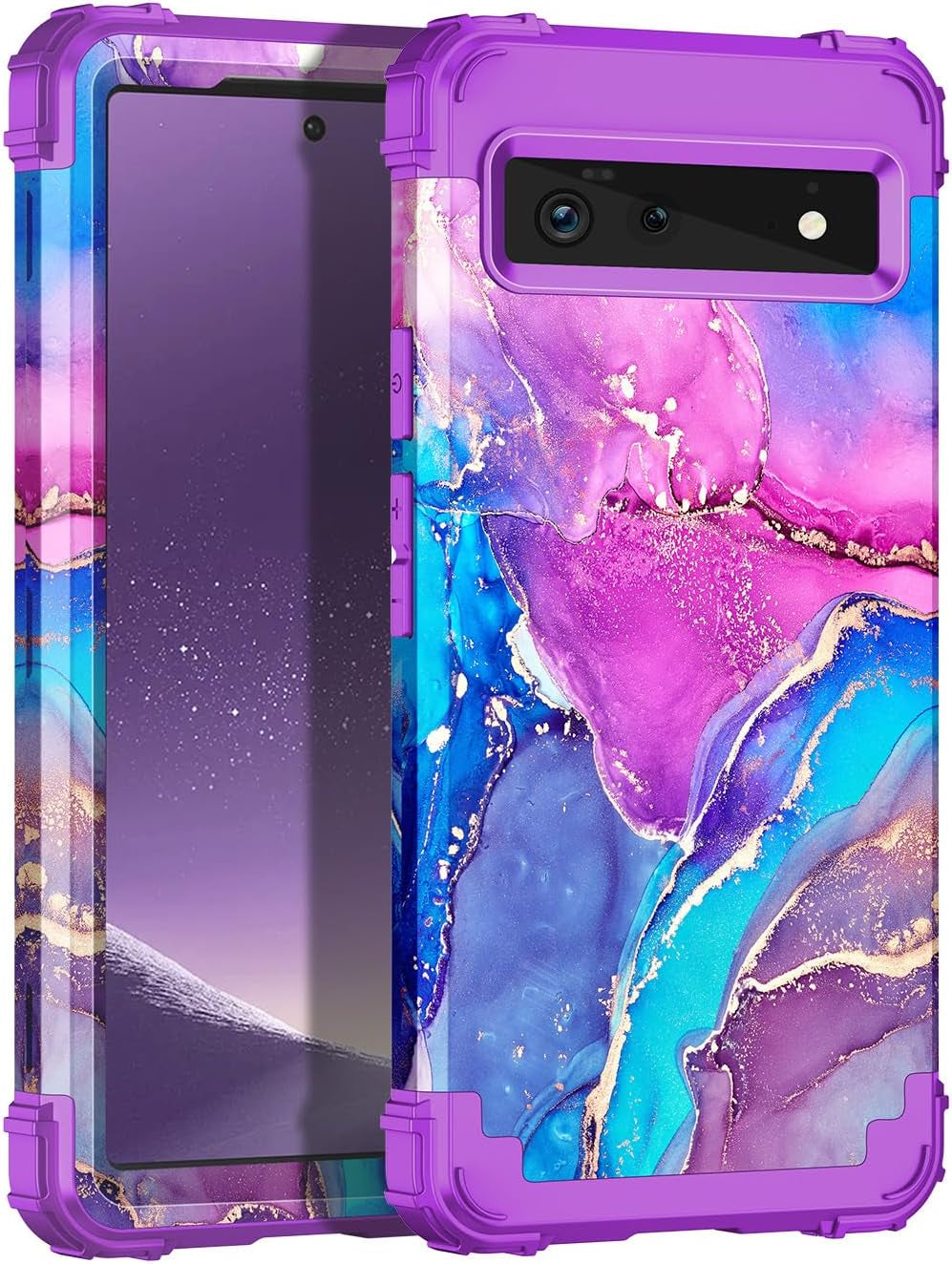 Hekodonk for Google Pixel 6 Case,Heavy Duty Shockproof Protection Hard Plastic+Silicone Rubber Hybrid 3 in 1 Drop Protective Case for Google Pixel 6 Black Flower  Hekodonk Purple Blue  