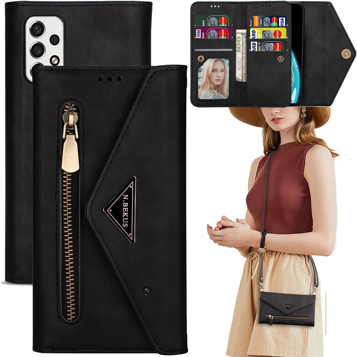For Samsung Galaxy A53 5G Crossbody Purse Phone Case with Card Holder, Adjustable Lanyard Wallet Cover Cases for Samsung Galaxy A53 Handbag Black
