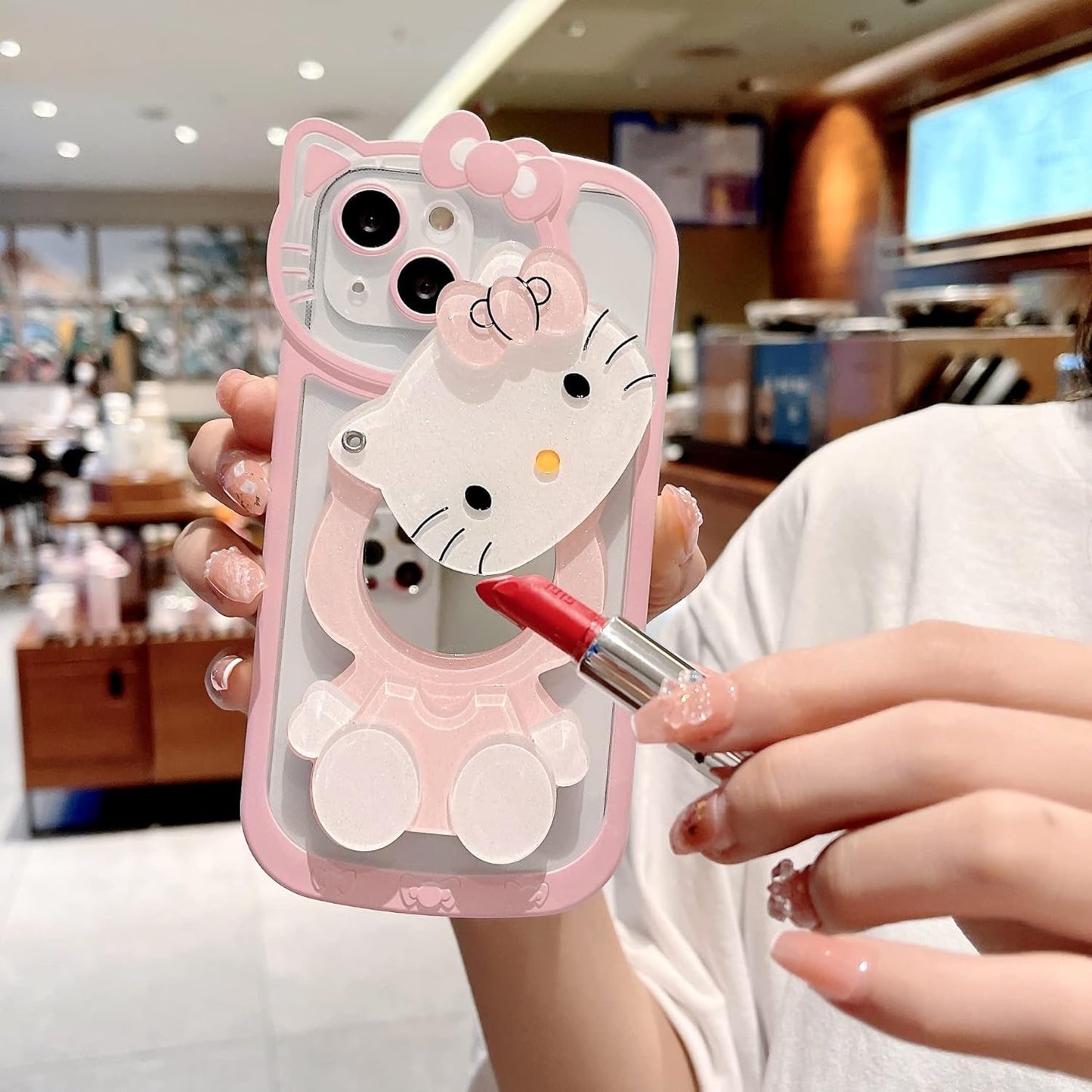 Olntun for Iphone 15 Pro Max Cute Cartoon Cat Case,3D Bow Kawaii Face Makeup Mirror Women Girls Kids Soft TPU Clear Protective Phone Cover Pink  Olntun   