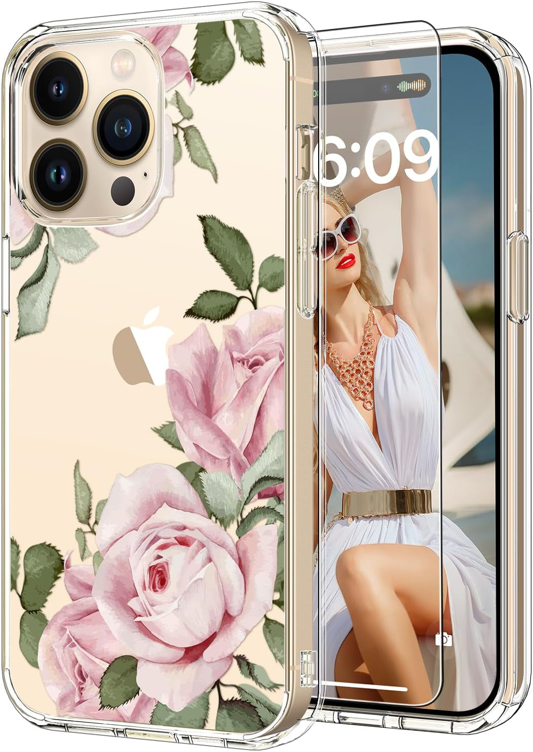 ICEDIO for Iphone 15 Pro Case with Screen Protector-Clear with Fashionable Trendy Patterns-Designed for Girls Women-Slim Fit Cover-Protective Phone Case 6.1" Cute Blooming Pink Floral  ICEDIO   