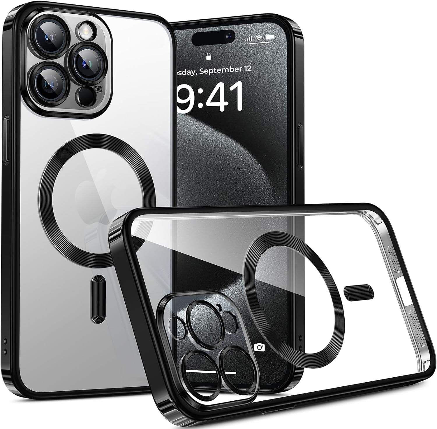 Humixx Magnetic Clear for Iphone 15 Pro Max Case, [Compatible with Magsafe] [Non-Yellowing] Slim Fit yet Protective Anti-Fingerprints Shockproof Bumper with Airbag Cover 6.7 Inch - Crystal Clear  Humixx E-Black  