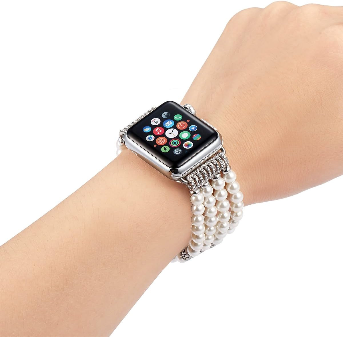 Fastgo Compatible with Pearl Apple Watch Bands 44Mm 42Mm 45Mm 49Mm Women, Elastic Beaded Bracelet Replacement Bands White for Iwatch SE & Series 9 Ultra 8 7 6 5 4 3 2 1 (White-42/44/45/49Mm)