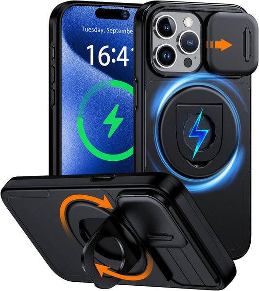 KMERUOTR 360°Rotatable Magnetic Ring for Iphone 14 Pro Max Case with Camera Cover, [Compatible with Magsafe] Build in Invisible Stand [Drop Protection] Shockproof Black Case for Iphone 14 Pro Max  XENKAKEO   