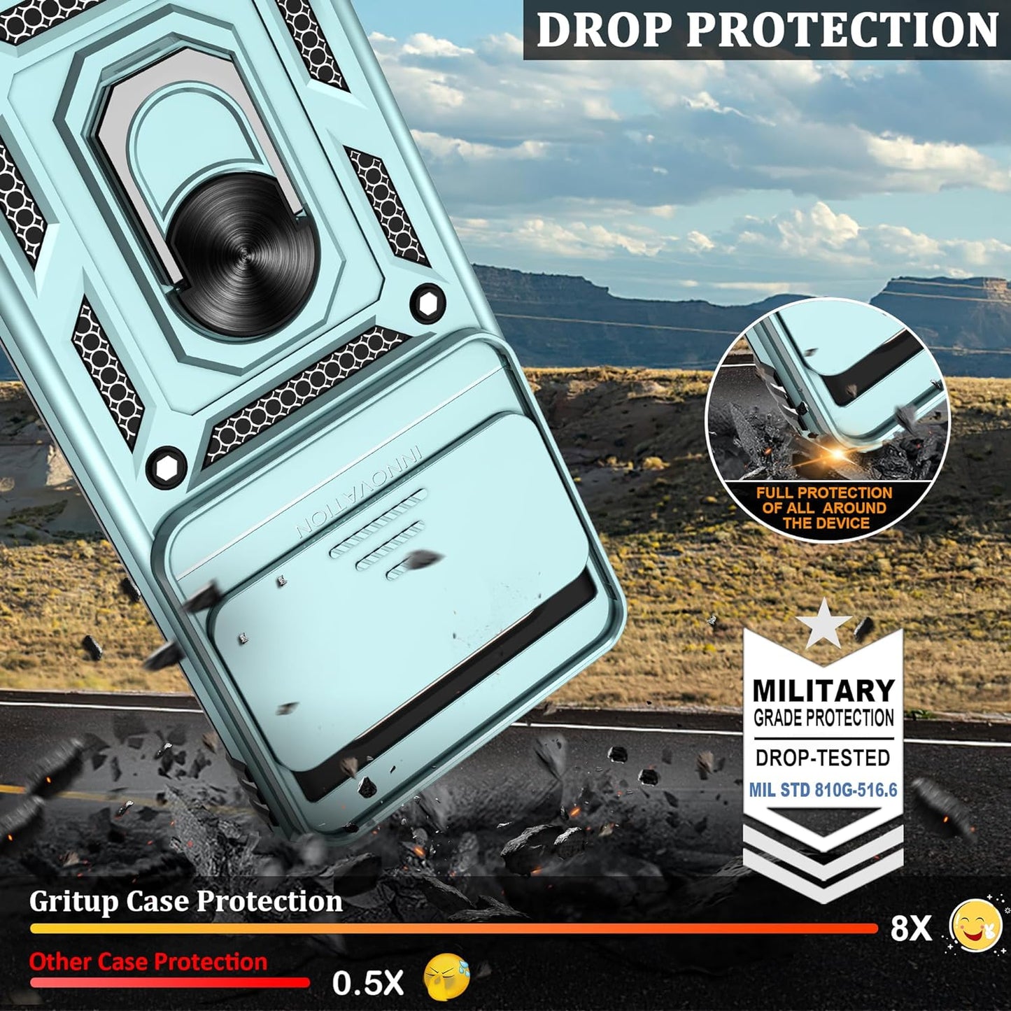 Fit for Google Pixel 8 5G Case with Screen Protector (2 Pack) & Slide Camera Cover, Build in 360° Magnetic Rotating Ring Kickstand [Military Grade] Protective Case for Pixel 8 Case, Green  Gritup   