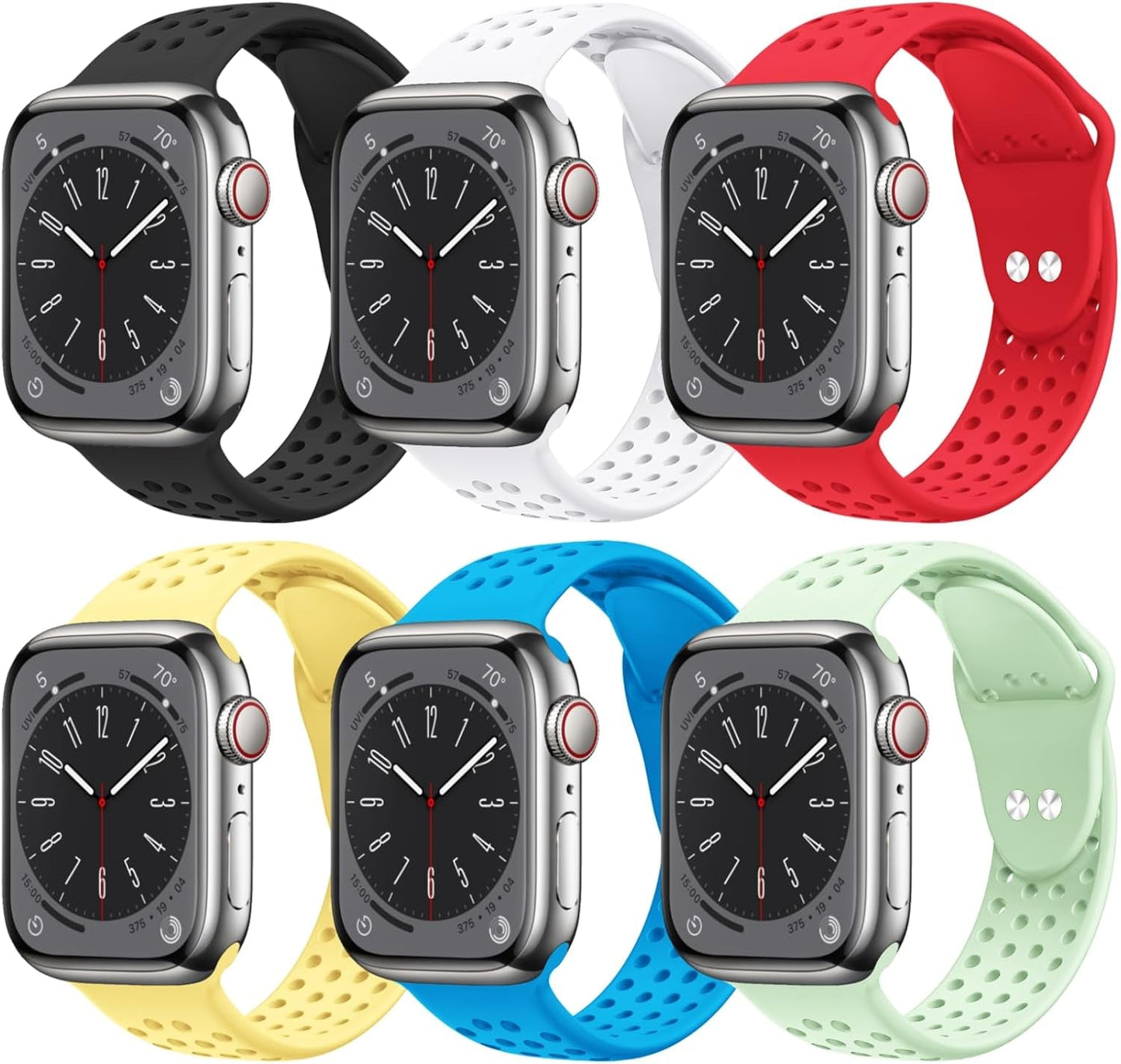 6 Pack Sport Bands Compatible for Apple Watch Bands 49Mm 45Mm 44Mm 42Mm 41Mm 40Mm 38Mm,Breathable Soft Silicone Sport Women Men Replacement Strap Compatible for Iwatch Series 9 Ultra2/Ultra 8 7 6 5 4 3 2 1 SE