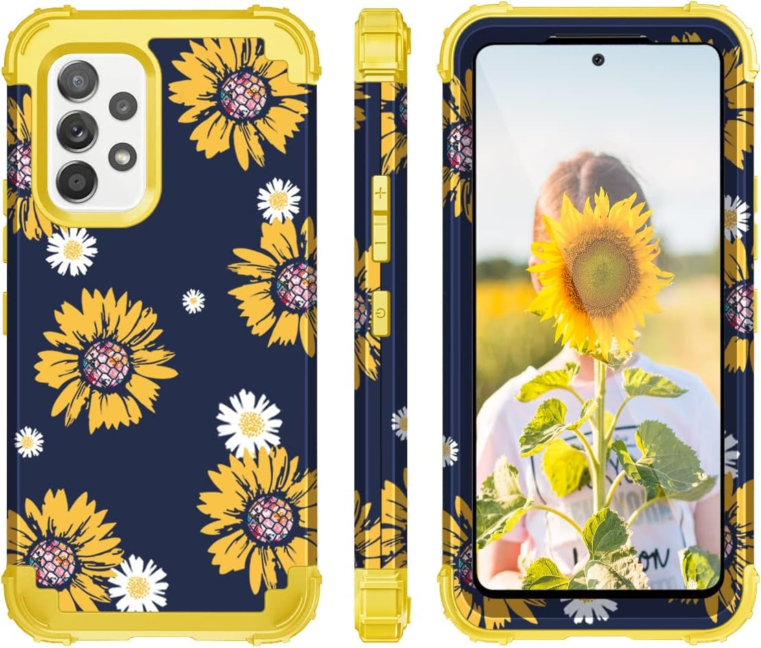 Fingic Samsung A53 5G Case,Samsung Galaxy A53 5G Case, Sunflower 3 in 1 Heavy Duty Hard PC Soft Silicone Rugged Bumper Full-Body Shockproof Protective Phone Case for Samsung Galaxy A53 5G, Yellow