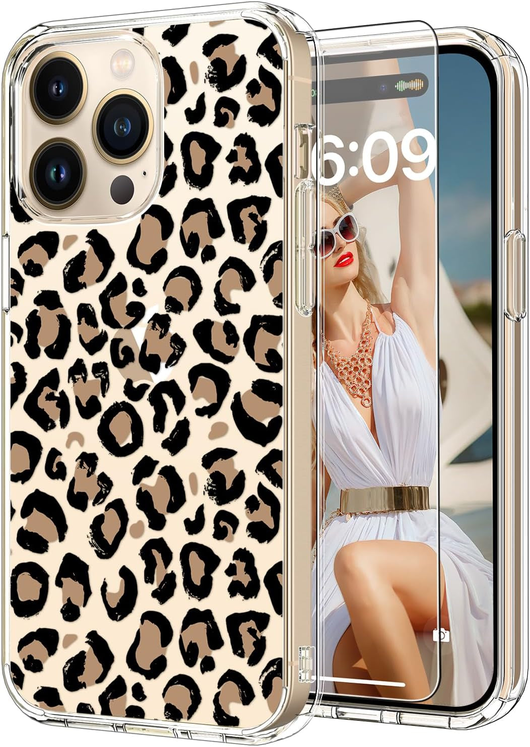 ICEDIO for Iphone 15 Pro Case with Screen Protector-Clear with Fashionable Trendy Patterns-Designed for Girls Women-Slim Fit Cover-Protective Phone Case 6.1" Cute Blooming Pink Floral  ICEDIO Nice Leopard  