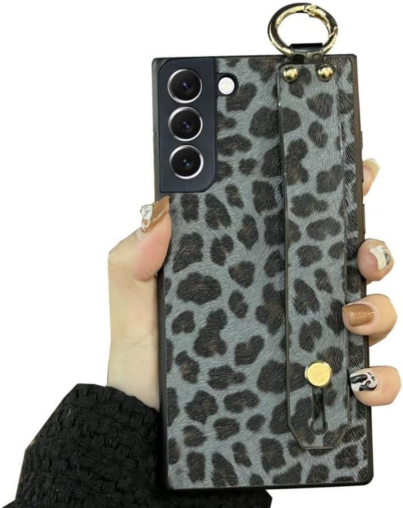 For Galaxy S22 Plus, Leopard Print Pattern Luxury Design with Hand Strap Kickstand Stylish Leather Back Soft Slim Phone Cover Protective Trunk Case for Samsung Galaxy S22 plus 5G 2020