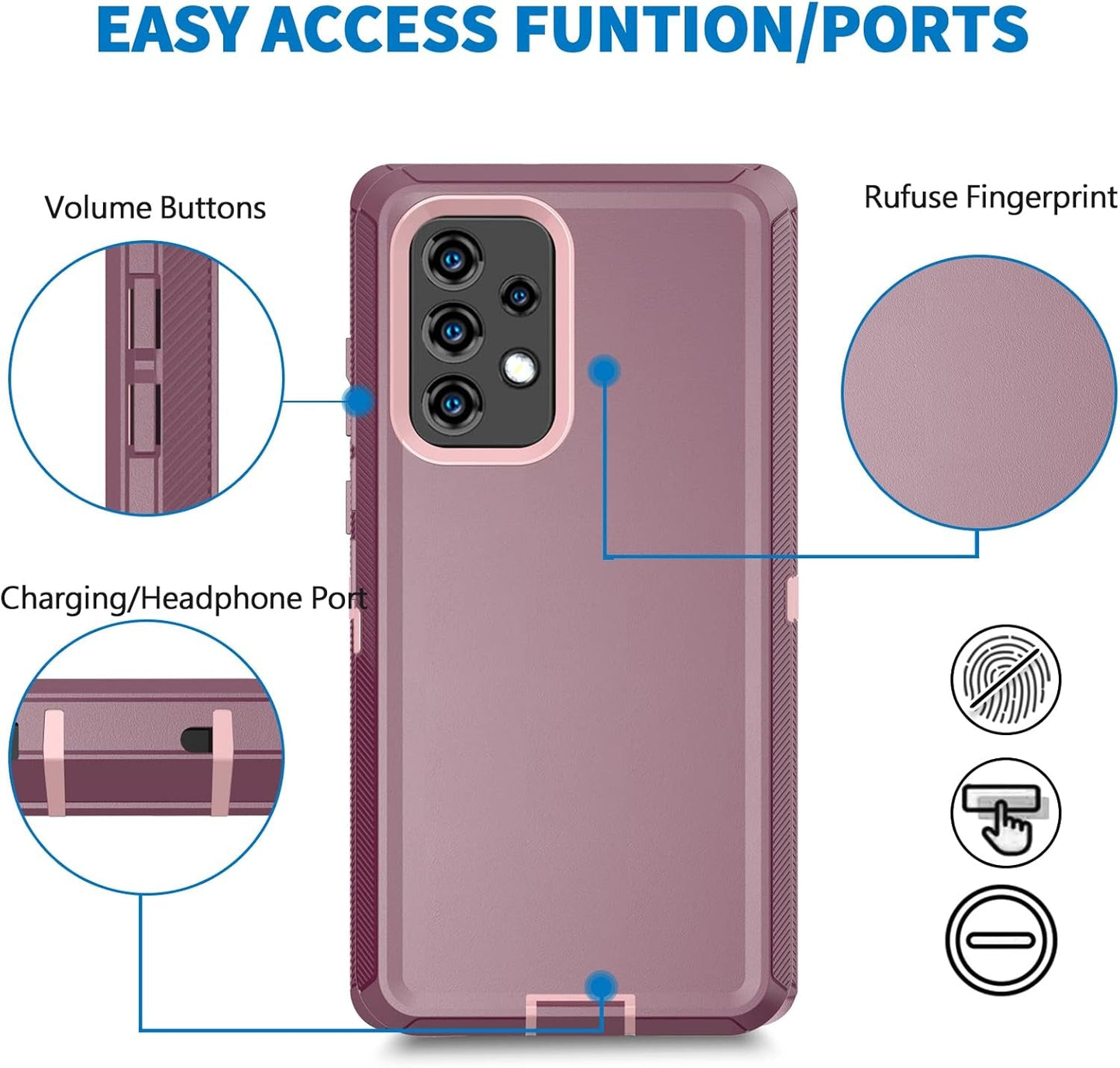 Anloes Case for Samsung Galaxy A53 5G, Galaxy A53 5G Phone Case Heavy Duty Shockproof Dustproof Rugged Defender Protective, 3 in 1 Bumper Cover for A53 5G Purple(Without Screen Protector)