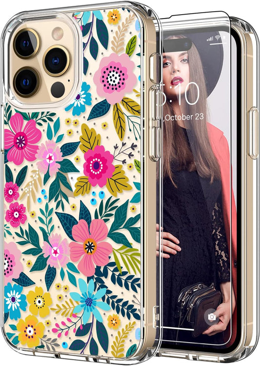 ICEDIO for Iphone 14 Pro Case with Screen Protector,Slim Fit Crystal Clear Cover with Fashion Designs for Girls Women,Durable Protective Phone Case 6.1" Cute Colorful Blooming Floral  ICEDIO   