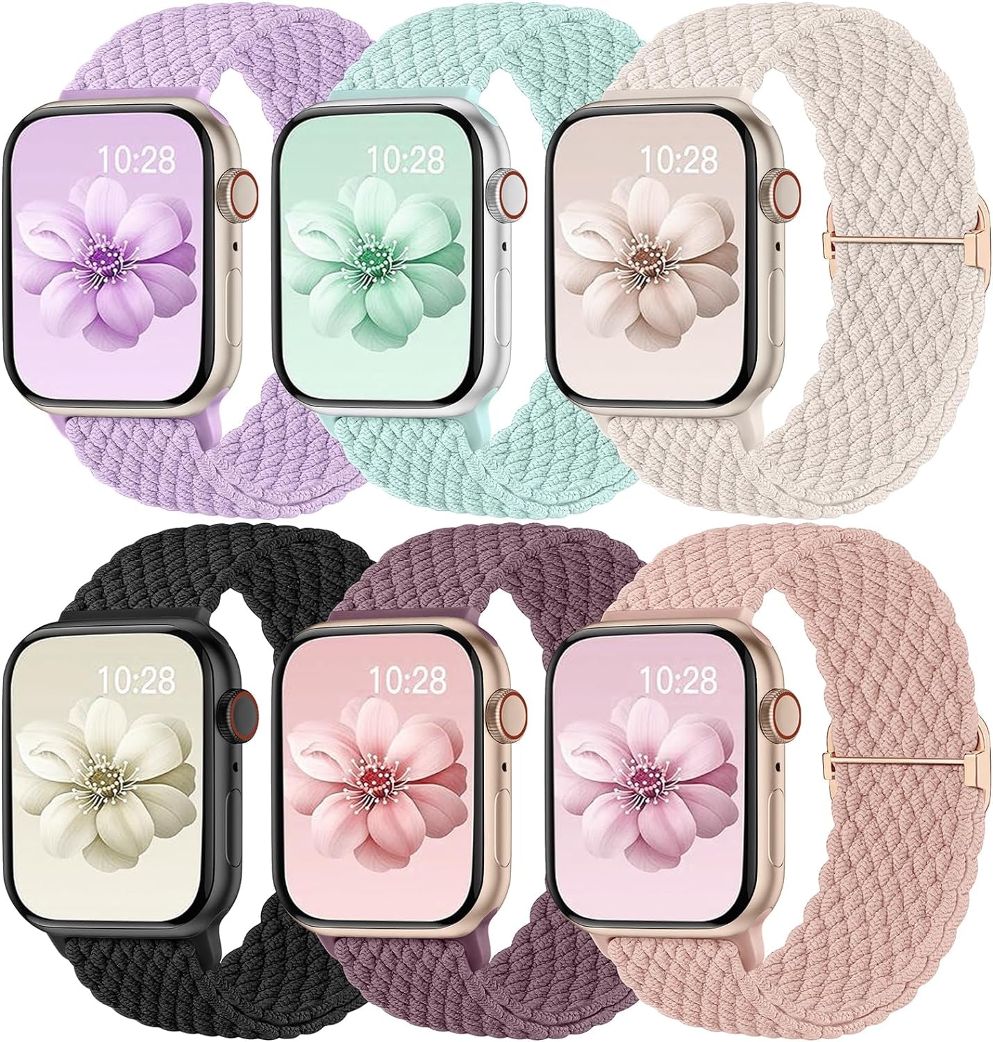 6 Pack Braided Stretchy Bands Compatible with Apple Watch Band 38Mm 40Mm 41Mm 42Mm 44Mm 45Mm 49Mm Women Men, Adjustable Soft Nylon Strap for Iwatch Series 9 8 7 6 5 4 3 2 1 SE Ultra/Ultra 2