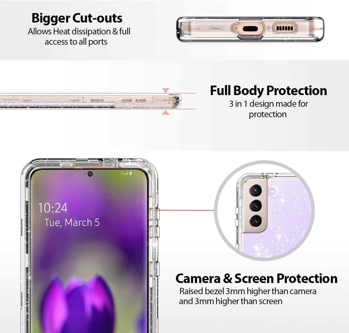 Coolwee Crystal Glitter Full Protective Case for Galaxy S22 plus - Heavy Duty Hybrid, Shockproof, Transparent, Bling Sparkle