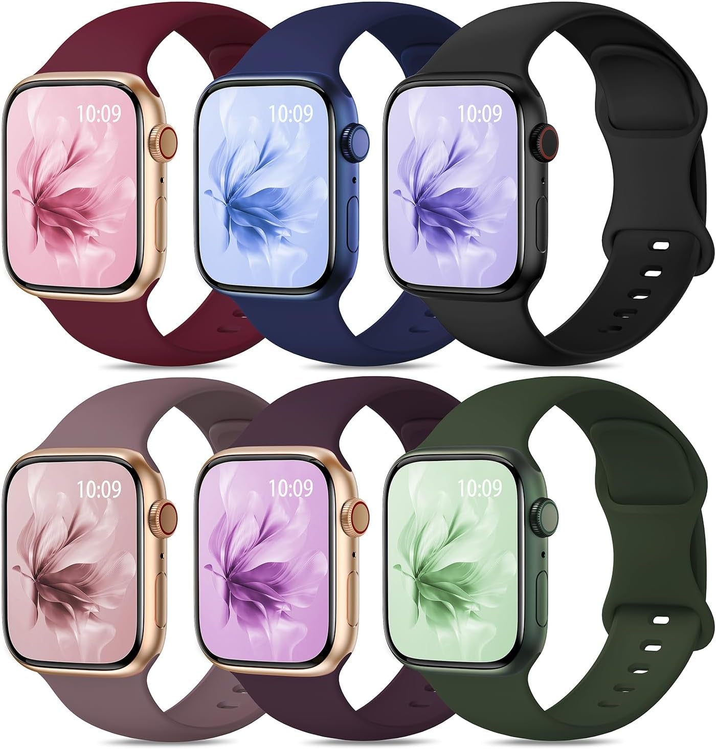 6 Pack Sport Silicone Band Compatible with Apple Watch Bands 40Mm 38Mm 41Mm 42Mm 44Mm 45Mm 49Mm Women Men, Soft Strap Wristbands for Iwatch Series 9 Ultra/Ultra 2 SE 8 7 6 5 4 3 2 1 Black