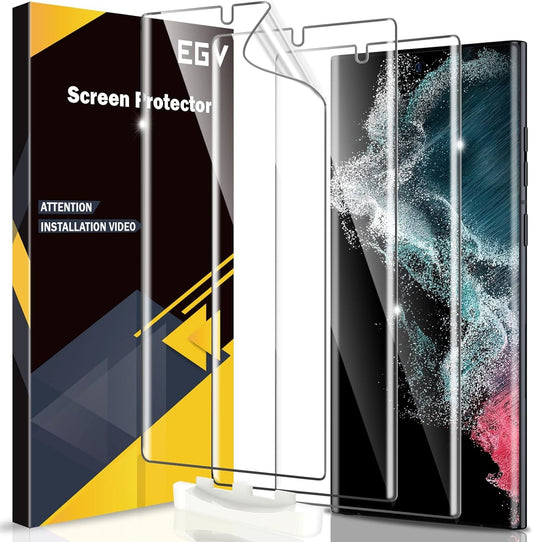EGV [3 Pack] Screen Protector for Samsung Galaxy S22 Ultra 5G, 3D Curved Full Coverage Soft TPU Film [Support Fingerprint Reader] Scratch-Proof [Alignment Tool] S22 Ultra Screen Protector Transparent