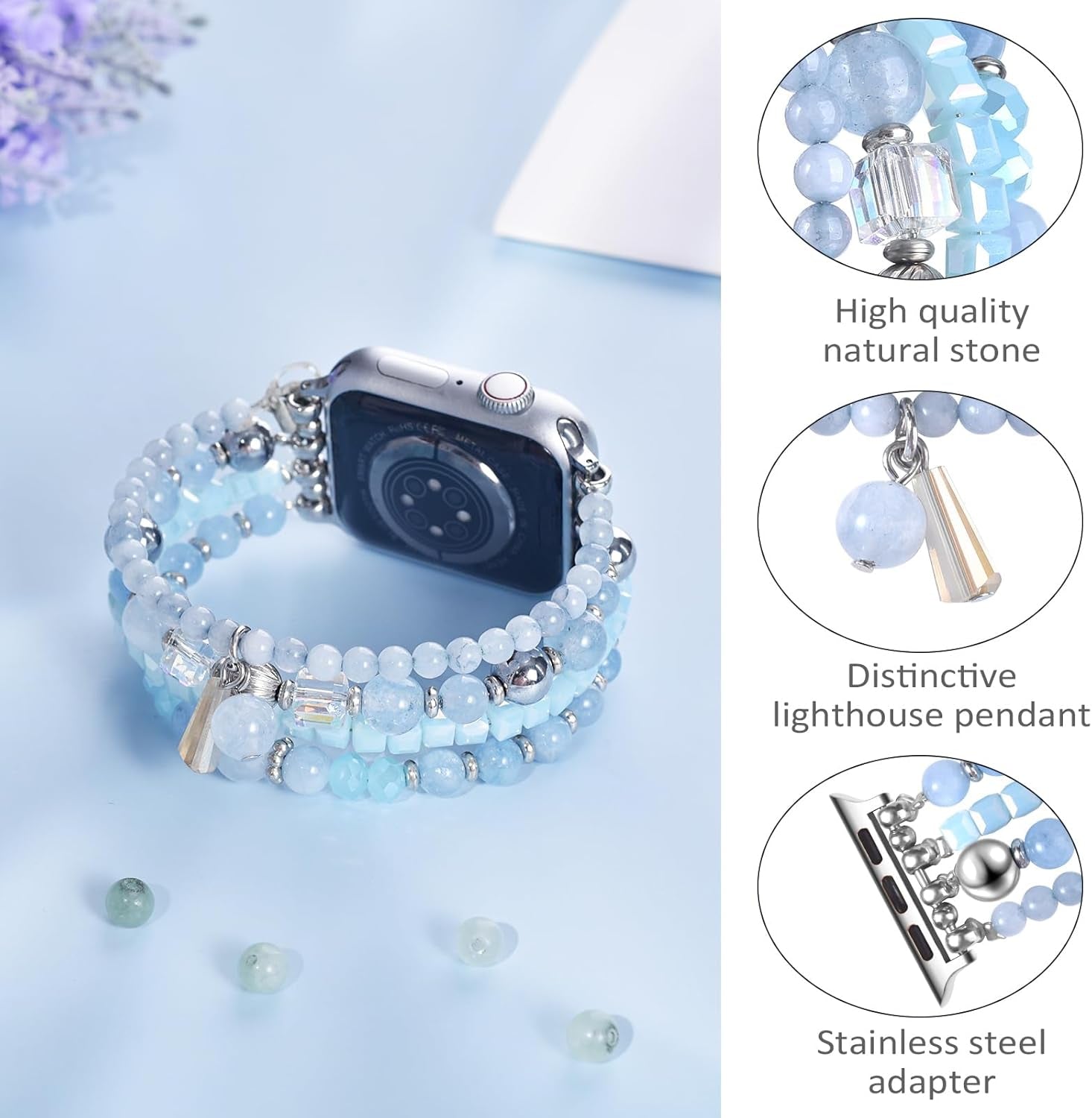 Beaded Bracelet Compatible with Apple Watch Band 42Mm/44Mm/45Mm for Women, Stylish Handmade Wristband Replacement Strap for Iwatch Series 9/8/7/6/5/4/3/2/1/Se/Ultra(Blue)