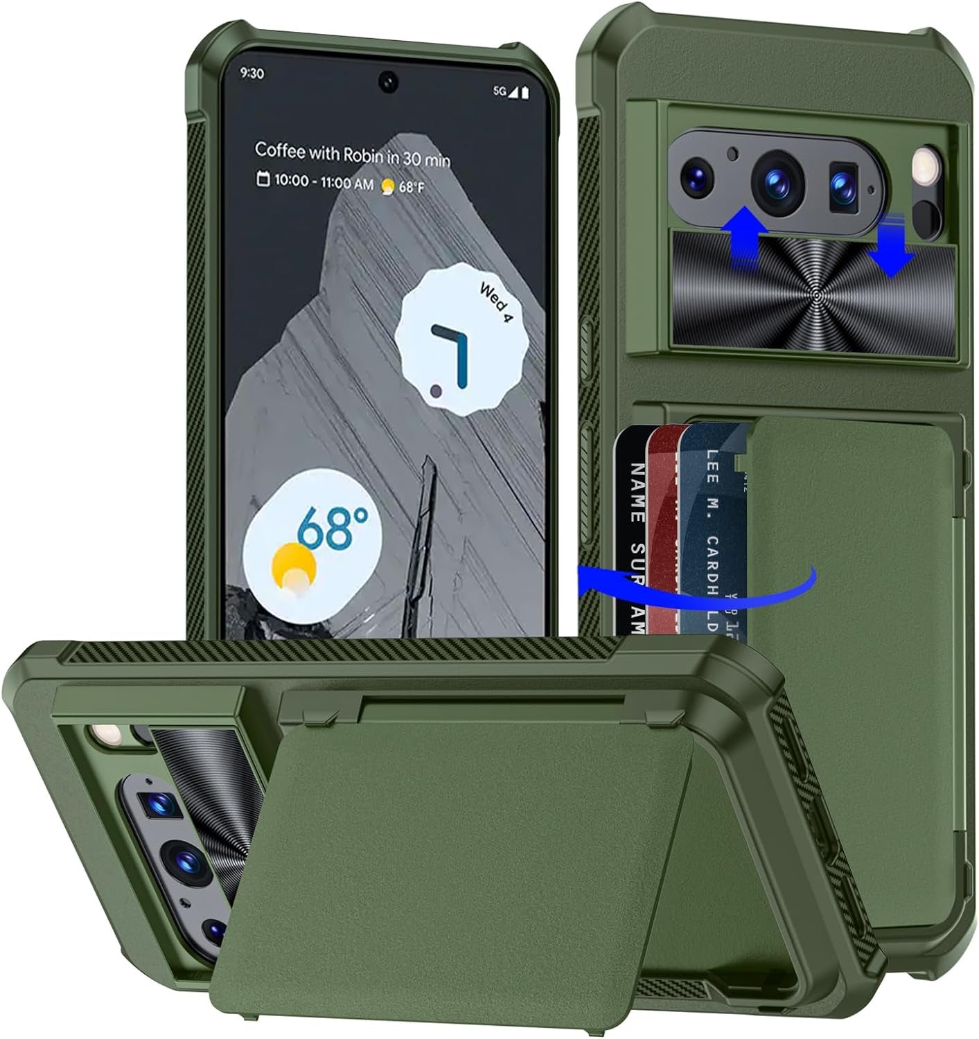 For Google Pixel 8 Pro Case with Card Holder(5 Cards), Google 8 Pro Wallet Case Built-In Kickstand Magnetic Flip Snap Soft TPU+PU Leather Durable Shockproof Case for Google 8 Pro (Black)  GooseBox Green-Sliding Privacy Lens Protection Google Pixel 8 Pro 