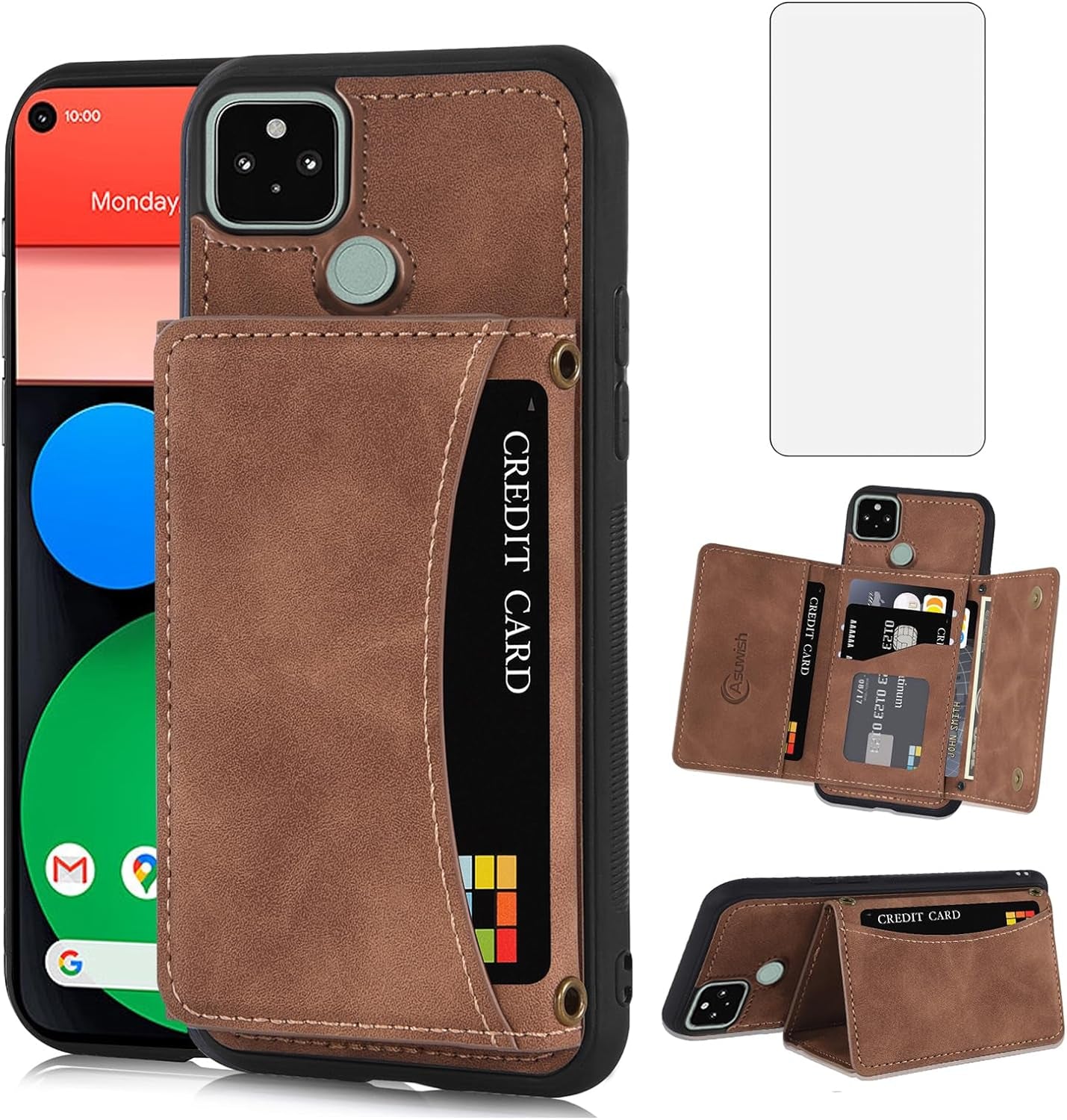 Asuwish Phone Case for Google Pixel 5 Wallet Cover with Tempered Glass Screen Protector and PU Leather Credit Card Holder Stand Rugged Mobile TPU Cell Accessories Pixel5 5G Pixle Five G5 Women Men Red  Asuwish Brown For Pixel 5 / Pixel 5 5G 