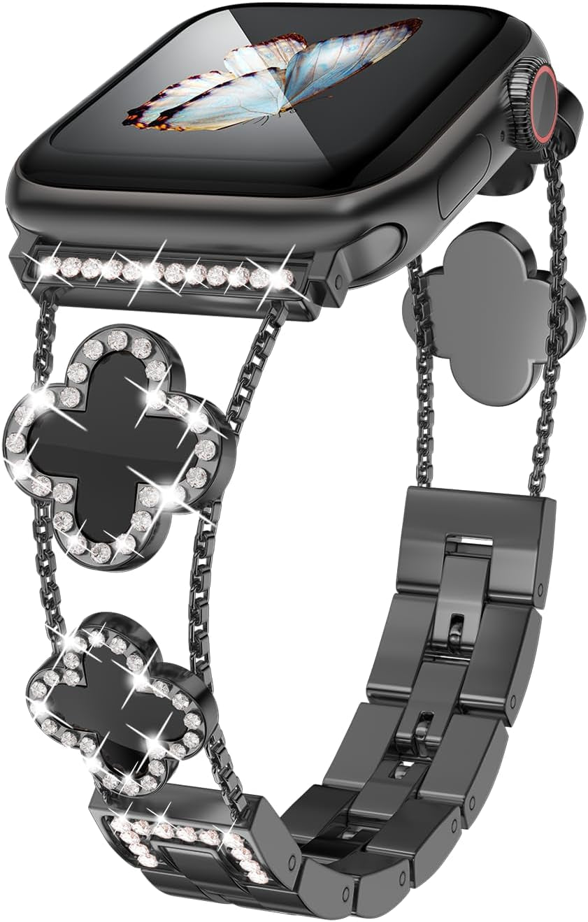 Diamond Metal Band Adds Sparkle to Your Watch - Compatible with Apple Watch Series 8/7/6/5/4/3/2/1Se/Ultra - Clover Is Simple and Stylish, Fits Women'S Sizes 38Mm 40Mm 41Mm 42Mm 44Mm 45Mm 49Mm.(Gold/Black, 42Mm/44Mm/45Mm)