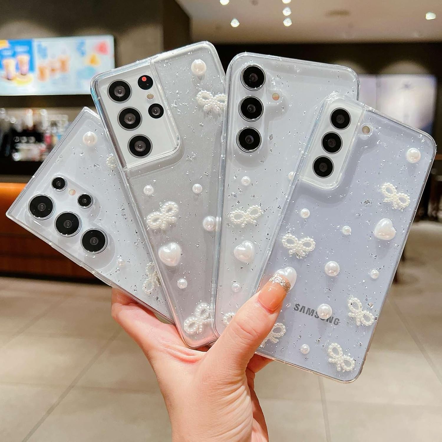 For Samsung Galaxy S21 Ultra Clear Case Cute 3D Pearl Bow Knots Heart with Design Aesthetic Women Phone Case for Girls, Glitter Sparkle Back Shockproof Soft TPU Bumper Cover