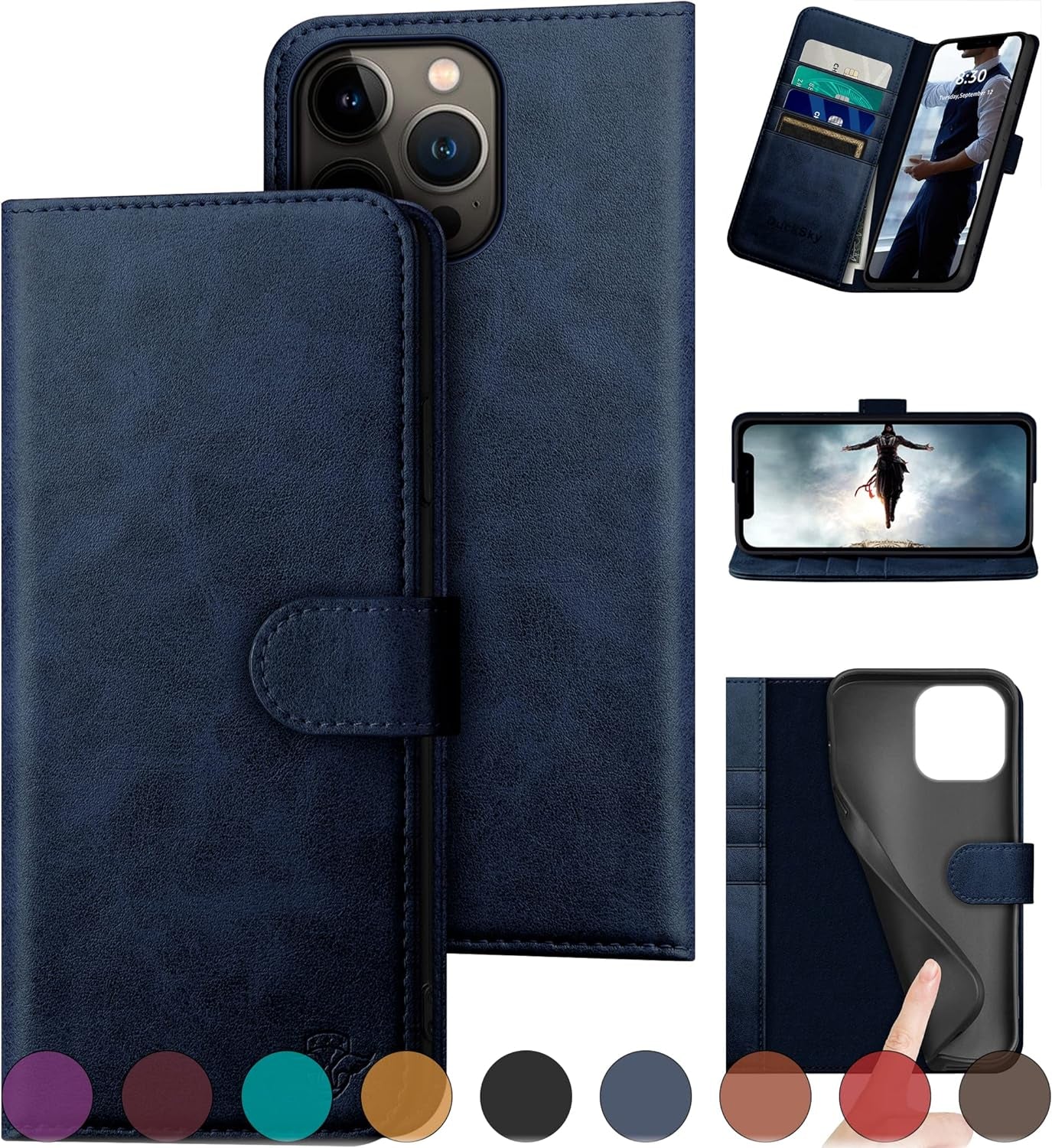 Ducksky for Iphone 15 Pro 6.1" Genuine Leather Wallet Case 【RFID Blocking】【4 Credit Card Holder】【Real Leather】 Flip Folio Book Phone Case Protective Cover Women Men for Apple 15 Pro Case Khaki  DuckSky Dark Blue  