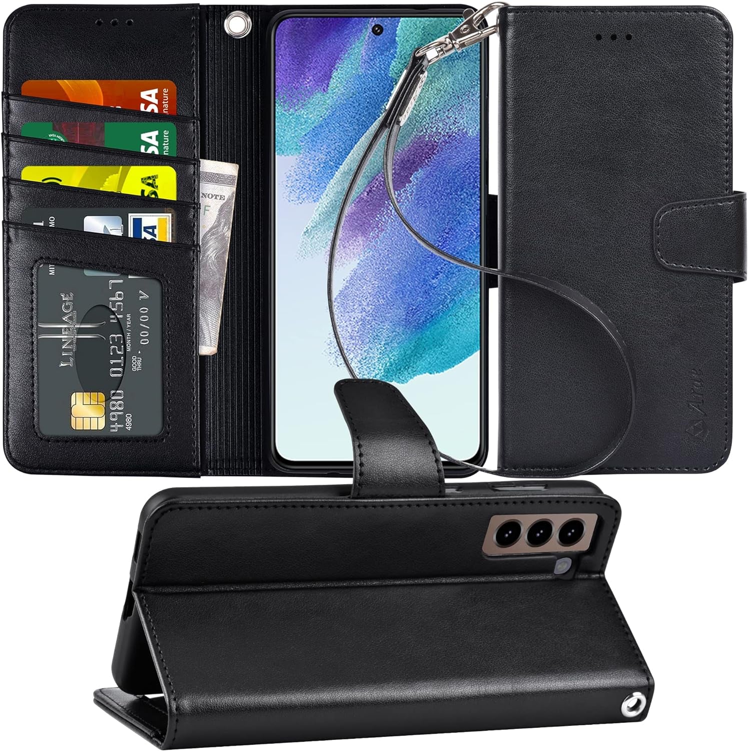Arae Case for Samsung Galaxy S22 Ultra 5G PU Leather Wallet Case Cover [Stand Feature] with Wrist Strap and [4-Slots] Id&Credit Cards Pocket (S22 Ultra-6.8 Inch, Black)