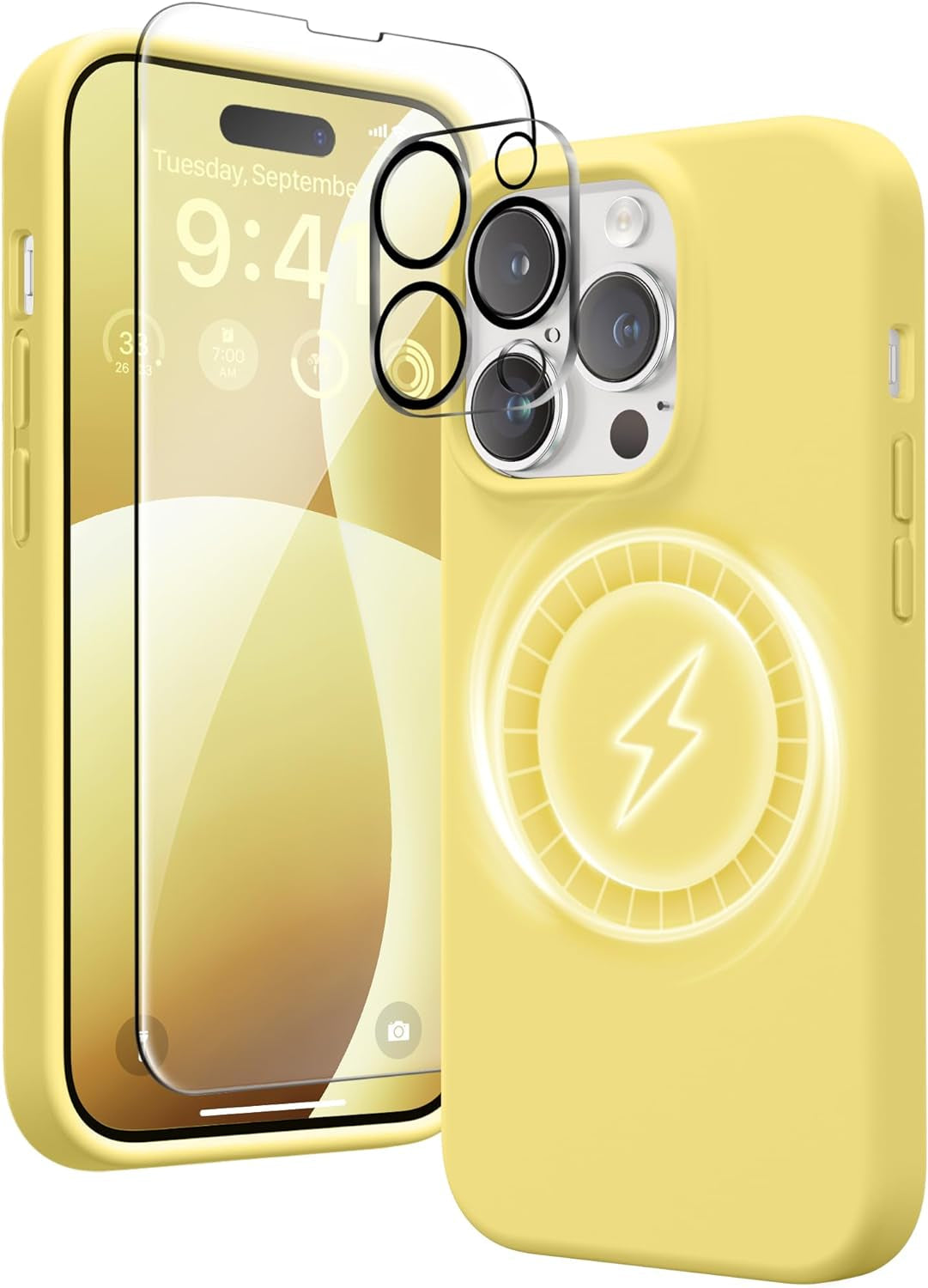 GONEZ for Iphone 14 Pro Max Case Silicone, Compatible with Magsafe, with 2X Screen Protector + 2X Camera Lens Protector, Liquid Silicone Shockproof Protective Iphone 14 Promax Case, Blue  GONEZ Yellow  