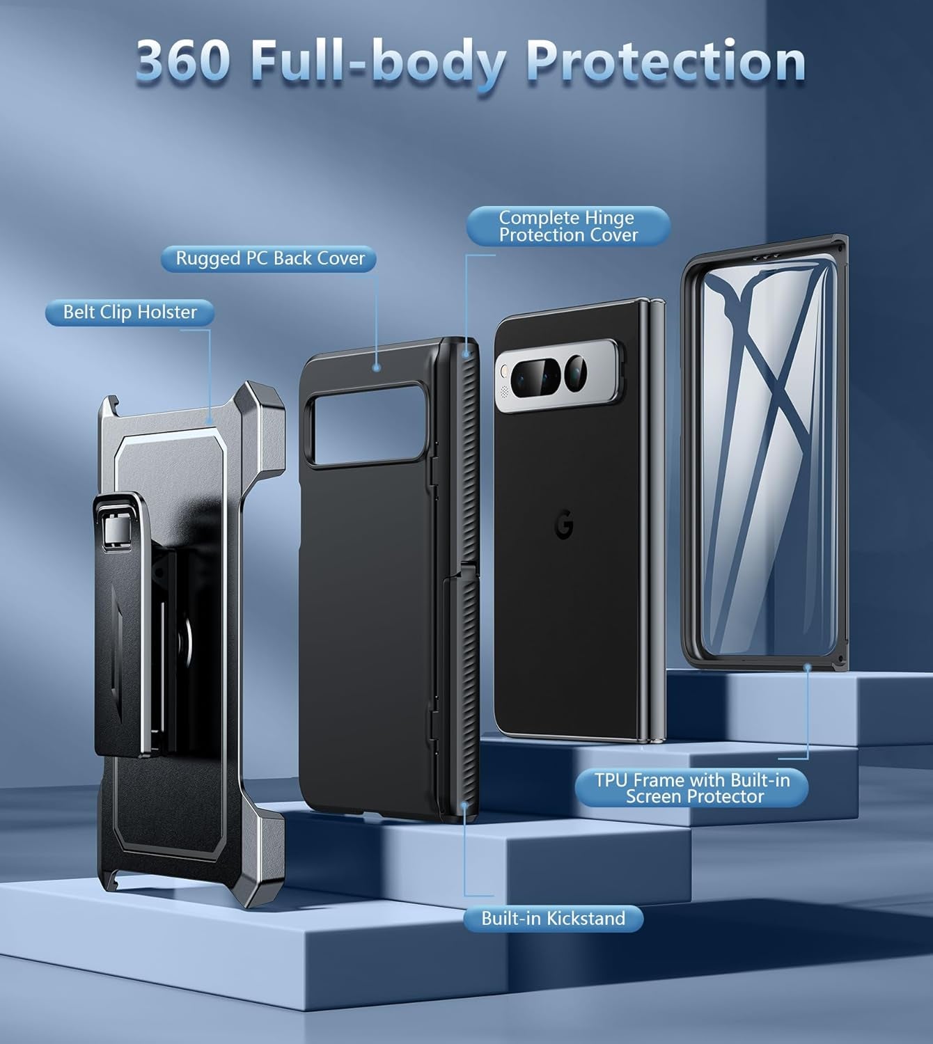 FNTCASE for Google Pixel Fold Case: Rugged Shockproof Cover with Kickstand & Holster | Drop Proof Hinge Protection Screen Protector Military Grade Tough Slim Protective 5G Phone Shell Black  FNTCASE   