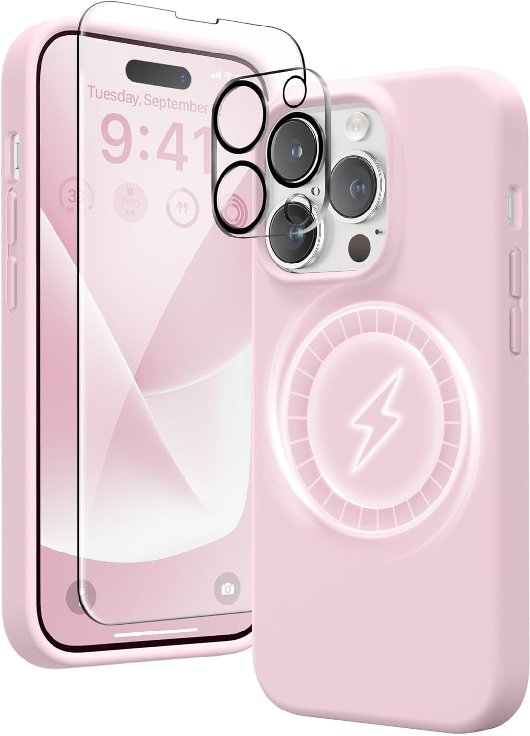 GONEZ for Iphone 14 Pro Max Case Silicone, Compatible with Magsafe, with 2X Screen Protector + 2X Camera Lens Protector, Liquid Silicone Shockproof Protective Iphone 14 Promax Case, Blue  GONEZ Hot Pink  