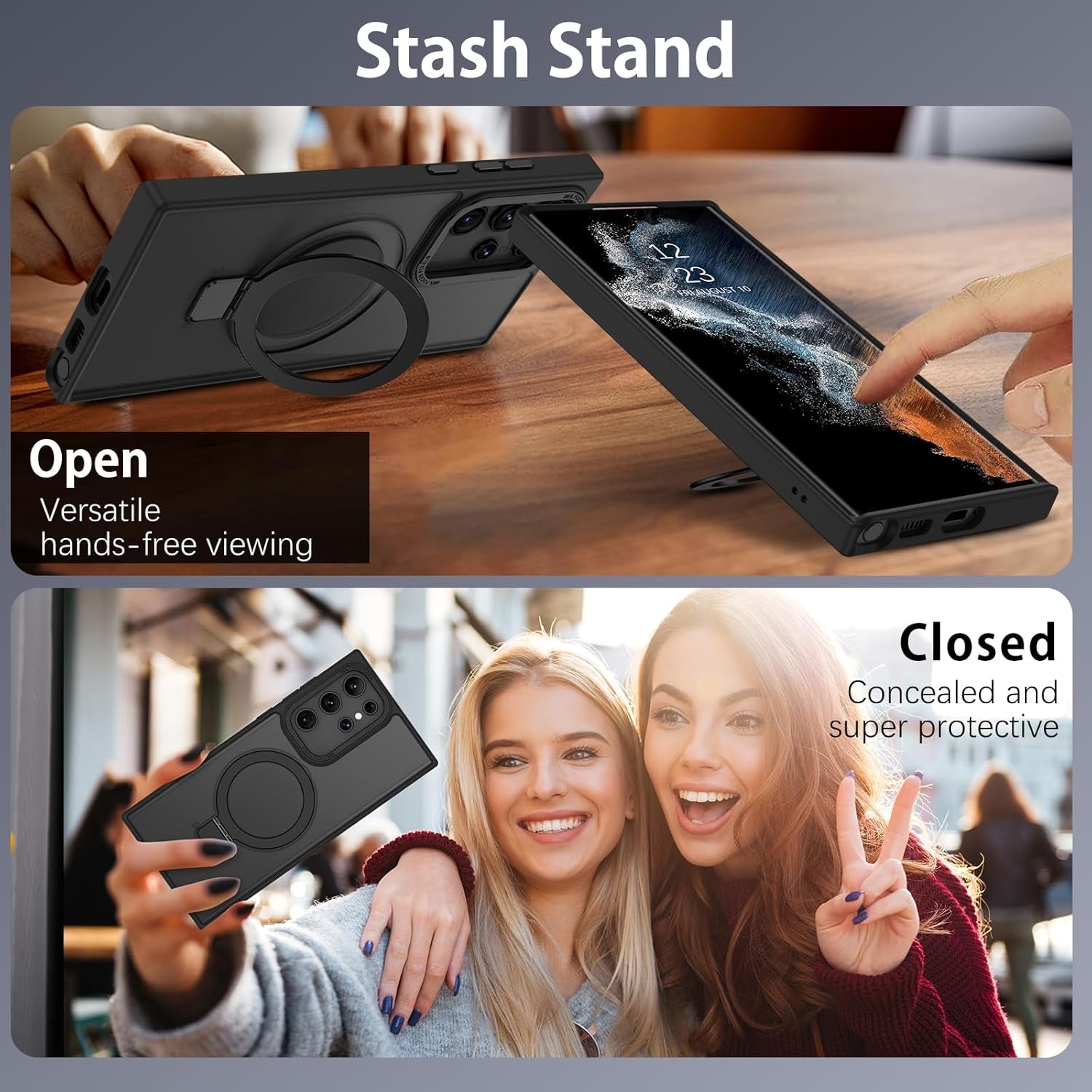 DUEDUE for Samsung Galaxy S22 Ultra Case with Ring Stand[Compatible with Magsafe], Translucent Matte Back Full Body Cover Slim Shockproof Kickstand Phone Case for Samsung S22 Ultra 6.8", Black