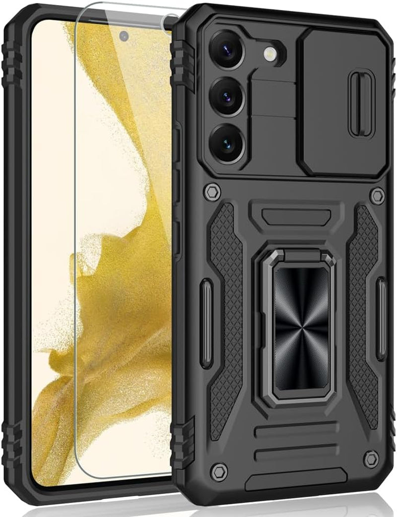 For Samsung Galaxy S22 Case, Shockproof Phone Case & Sliding Camera Cover & Ring Holder Kickstand with Screen Protector for Samsung Galaxy S22 5G (6.1", 2022) [Black]