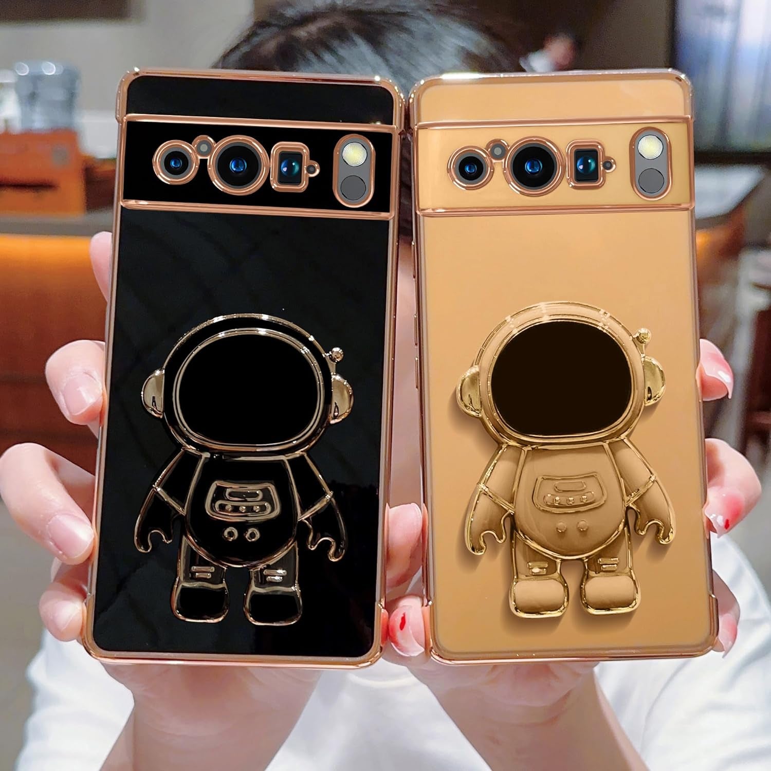 Phylla Phone Case for Google Pixel 8 Pro 6.7” 5G,Luxury Plating Astronaut Stand Holder Phone Case with Cute Love Heart Side Small Pattern Soft Silicone Shockproof Kickstand Cover Bumper (Black)  PHYLLA\1   