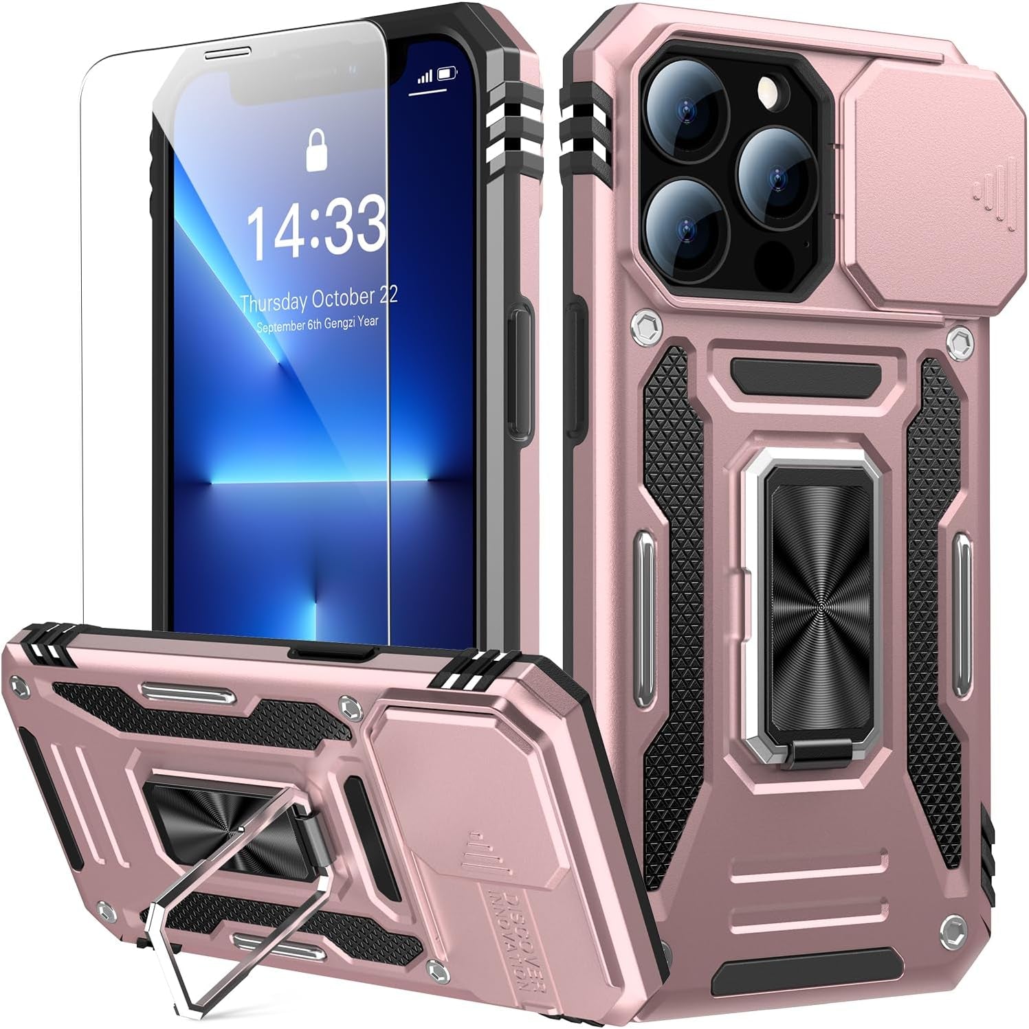 Goodon for Iphone 14 Pro Max Case with Slide Camera Cover + Screen Protector, Built in Rotated Ring Magnetic Kickstand Military Grade Shockproof Protective Phone Case 6.7" Pale - Green  Goodon Rose Gold Iphone 14 Pro 6.1" 