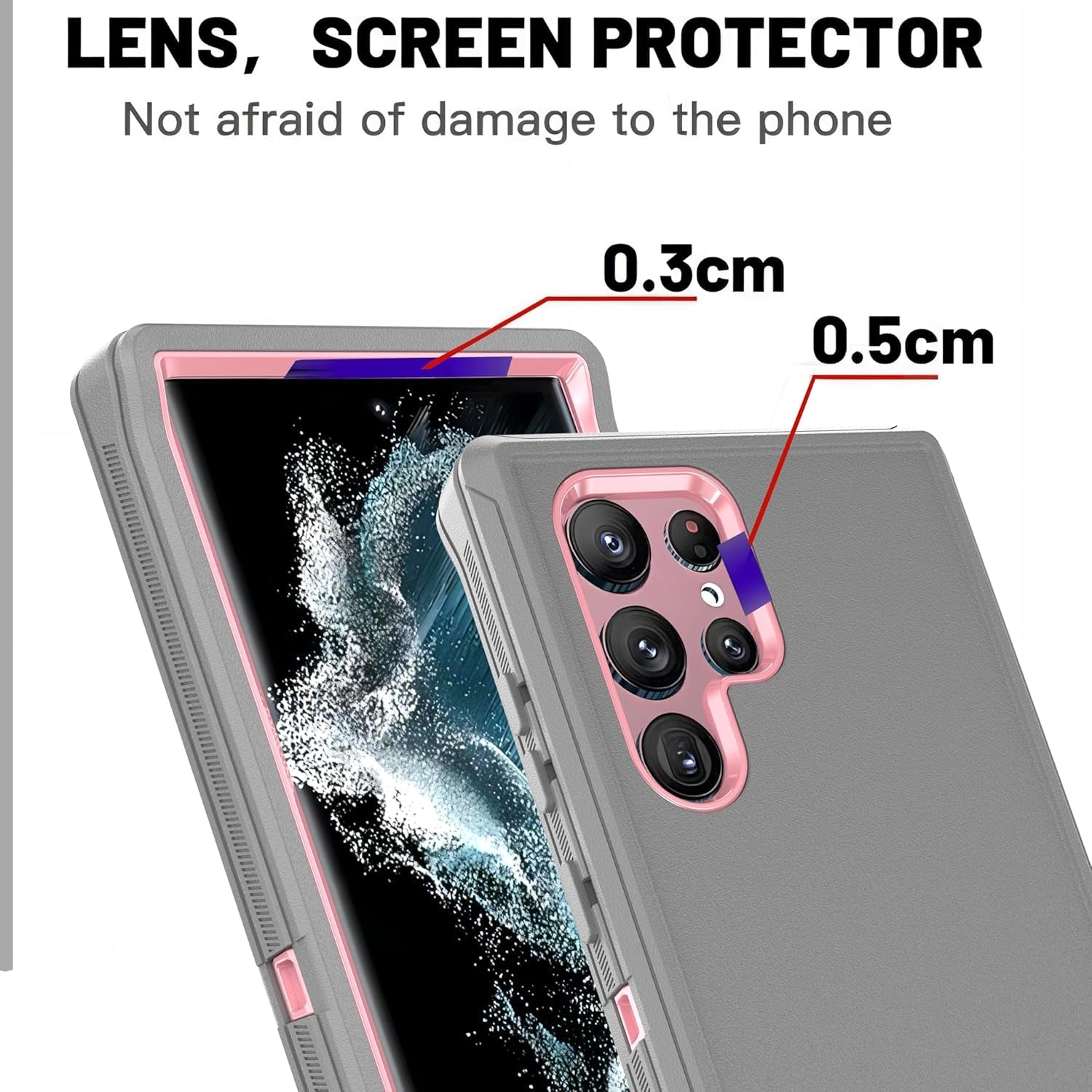 For Galaxy S22 Ultra Case with Soft TPU Film Screen Protector[2 Pack],3 in 1 Shockproof TPU Hard PC Bumper Drop-Proof Shell for Samsung Galaxy S22 Ultra Lihgt Gray/Pink