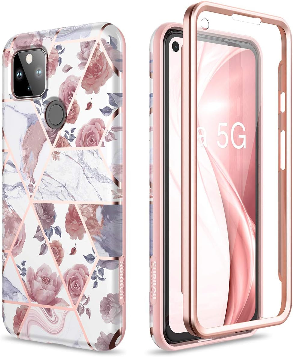 SURITCH Phone Case for Google Pixel 4A 5G 【NOT for 4G】, Front Cover with Built-In Screen Protector Full-Body Protection Shockproof TPU Bumper Protective Case for Girl Women Cute,Lavender  SURITCH Rose Marble  