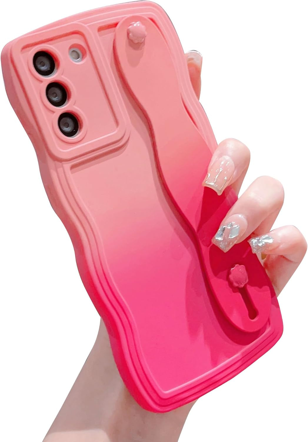 For Samsung Galaxy S22 plus Case with Wrist Strap Stand, Gradient Color Cute Wavy Curly Camera Lens Cover Soft Silicone Samsung S22+ Phone Case Cover 6.6" for Women Men (Hot Pink)