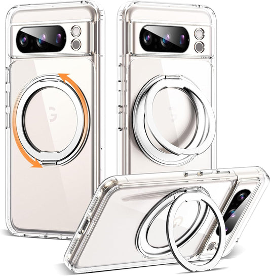 For Google Pixel 8 Pro Case with 360° Rotatable Magnetic Ring Stand [Compatible with Mag-Safe][Military-Grade Protection] Shockproof Pixel 8 Pro Phone Case 6.7" for Women Men, Clear  SKYLMW Clear  