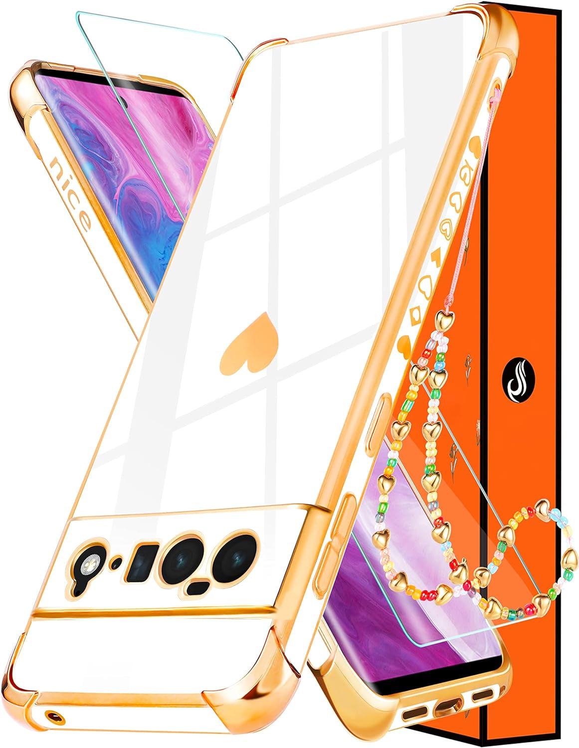 Shorogyt (3In1 Heart Case for Google Pixel 6 Case 5G 6.4 Inch Women Cute Aesthetic Love Hearts Pattern Girls Gold Luxury Girly Design Phone Cases Cover+Screen+Chain for Pixel 6 Case 5G 6.4''  qunxiner White For Google Pixel 6 Pro 