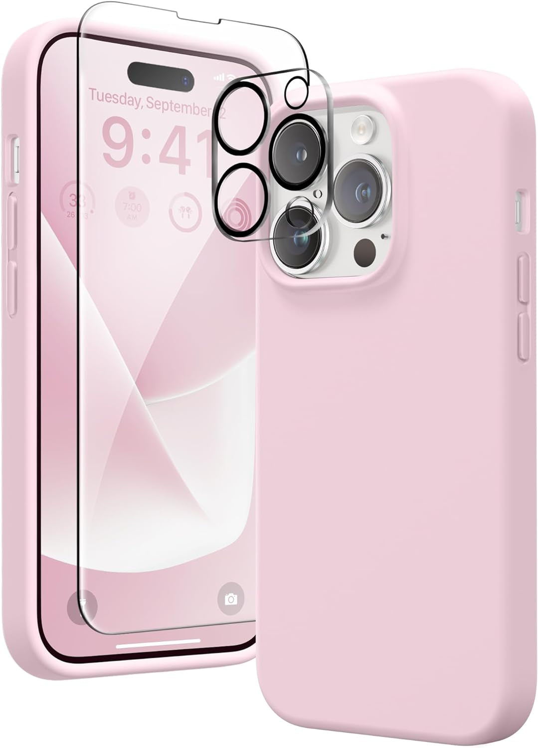 GONEZ for Iphone 14 Pro Case, with 2 Pack Screen Protector + 2 Pack Camera Lens Protector, Soft Anti-Scratch Microfiber Lining, Shockproof Protective Liquid Silicone Phone Cover 6.1'', Blue  GONEZ Hot Pink Iphone 14 Pro 